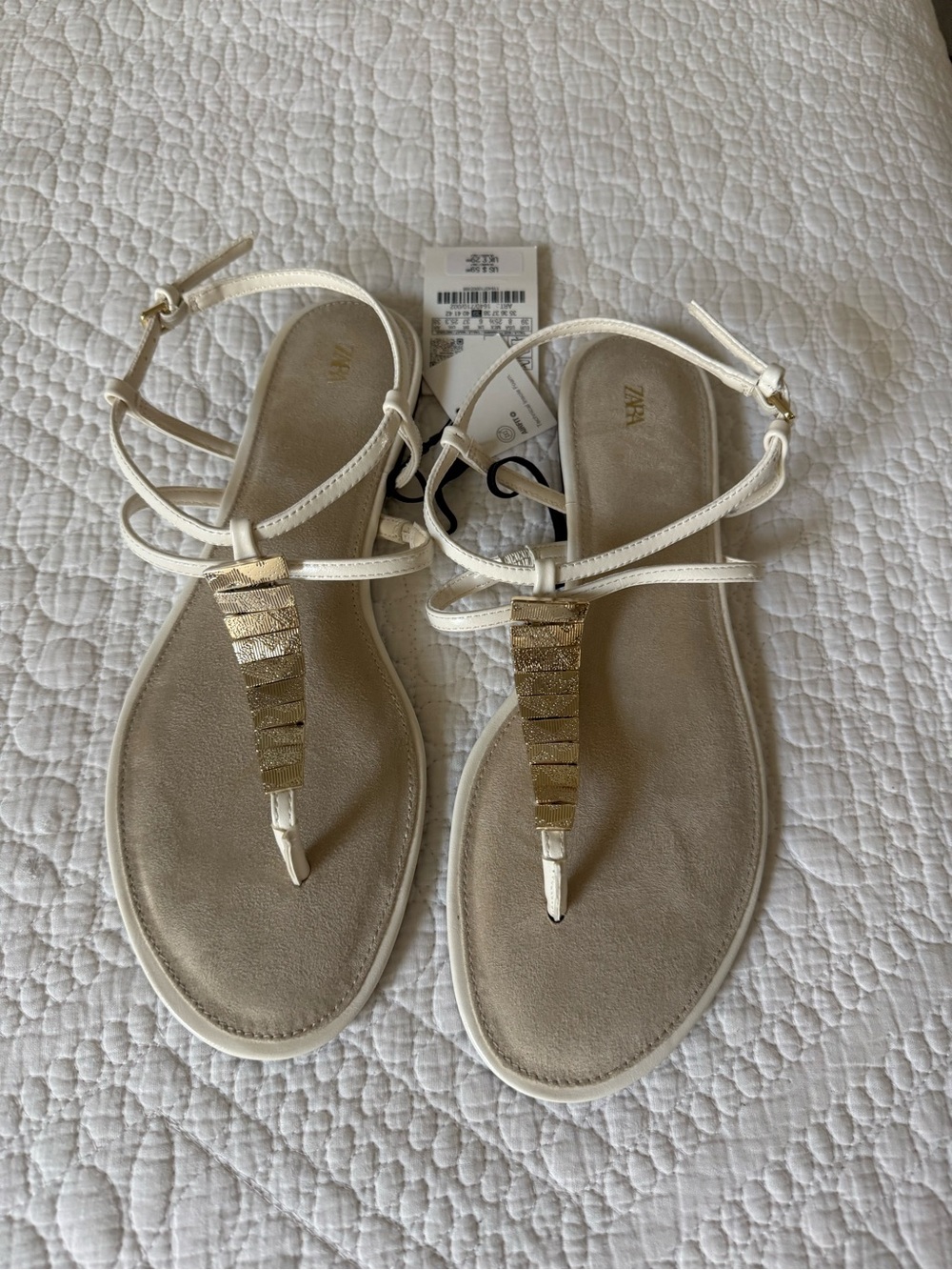 Zara Flat Suede Sandals with Gold Metallic Appliques